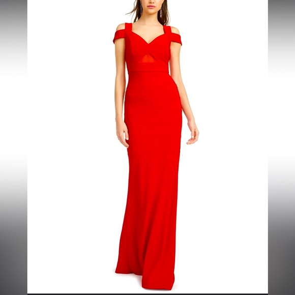 EMERALD SUNDAE Hunter Red Mermaid Bandage Cold Shoulder Gown size M - Picture 2 of 4